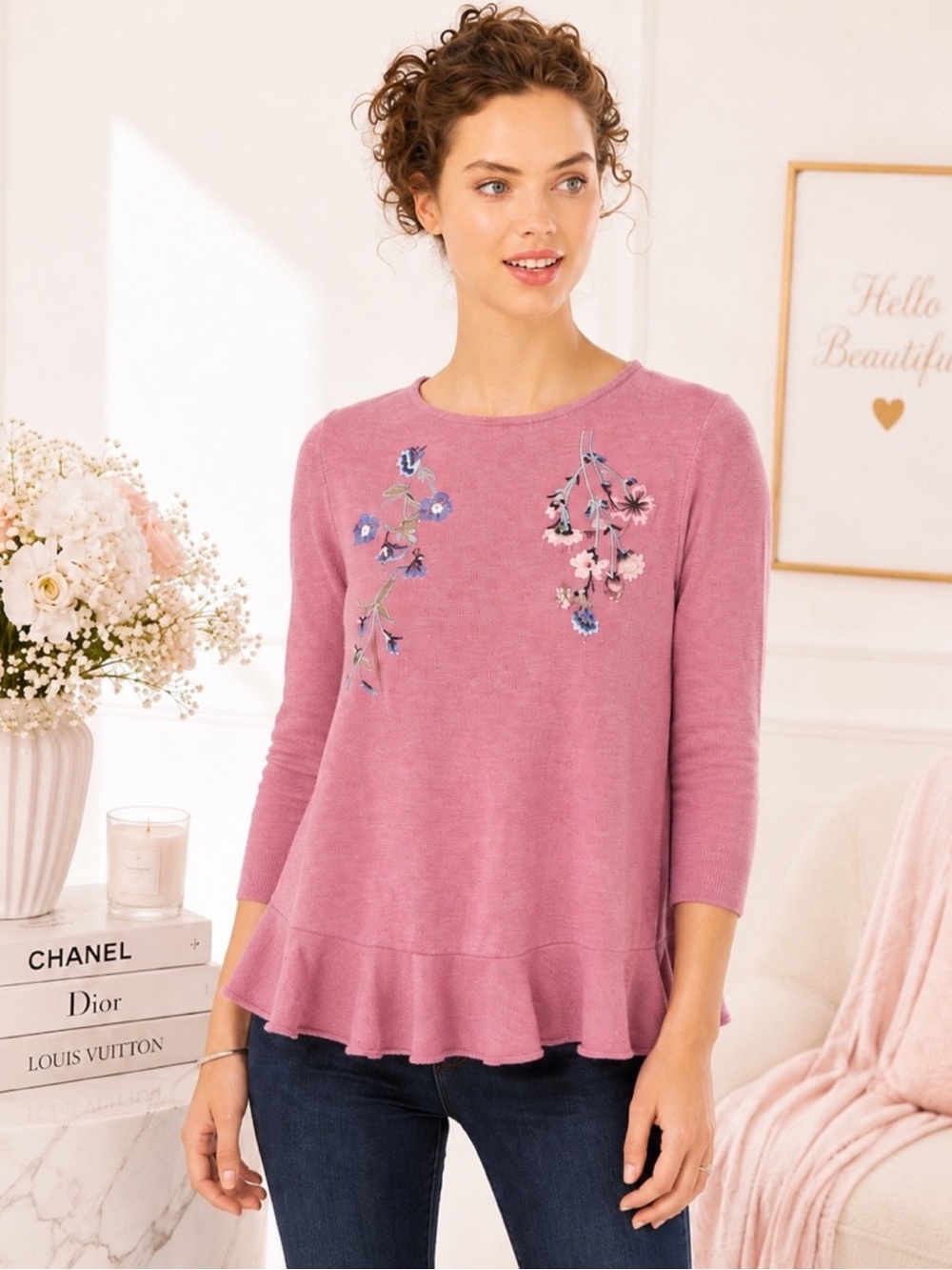 LC Lauren Conrad Pink Embroidered Peplum Top Floral Boho NWT S L